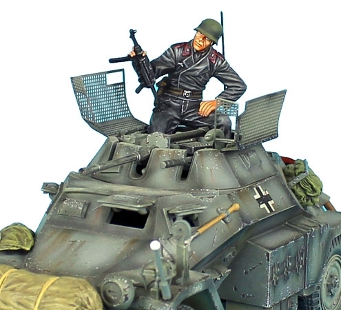 German Tank Crew Sitting with Helmet and Raised MP-40