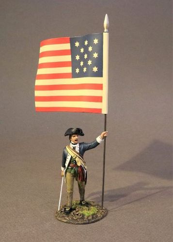 CONTINENTAL ARMY, THE 2nd MASSACHUSSETTS REGIMENT, INFANTRY OFFICER, WITH NATIONAL COLOURS. (3pcs)